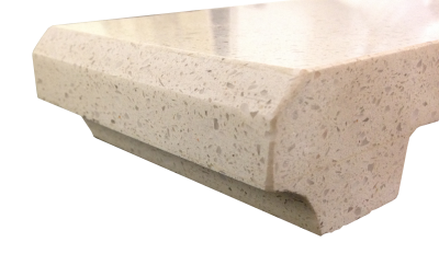 A 4cm laminated edge with a 3/8 inch bevel and a cove on frost white from the Q™ collection. A 4cm laminated edge with a 3/8 inch bevel and a cove on frost white from the Q™ collection.