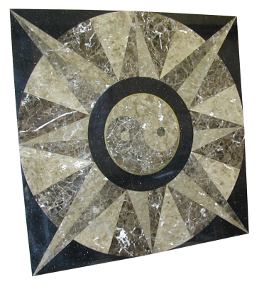 A custom inlay made out of light emperador, dark emperador, and galaxy black granites. A custom inlay made out of light emperador, dark emperador, and galaxy black granites.
