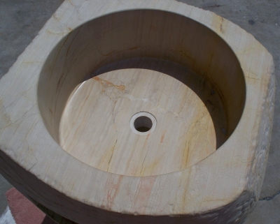 The finished sink in the jerusalem limestone vanity. The finished sink in the jerusalem limestone vanity.