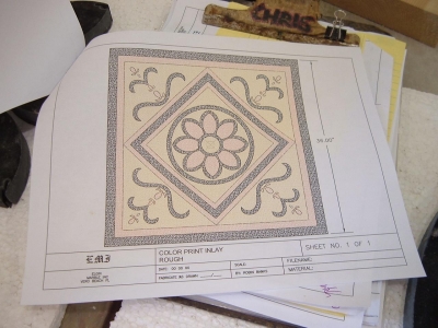 Shop drawing of the black absolute granite, yellow travertine, and light travertine inlay. Shop drawing of the black absolute granite, yellow travertine, and light travertine inlay.