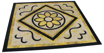 Completed inlay of black absolute granite, yellow travertine, and light travertine. Completed inlay of black absolute granite, yellow travertine, and light travertine.